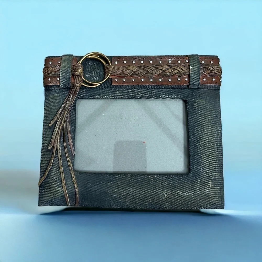 Denim Jean Picture Frame Belted Boho Grunge 4x6 Blue Brown